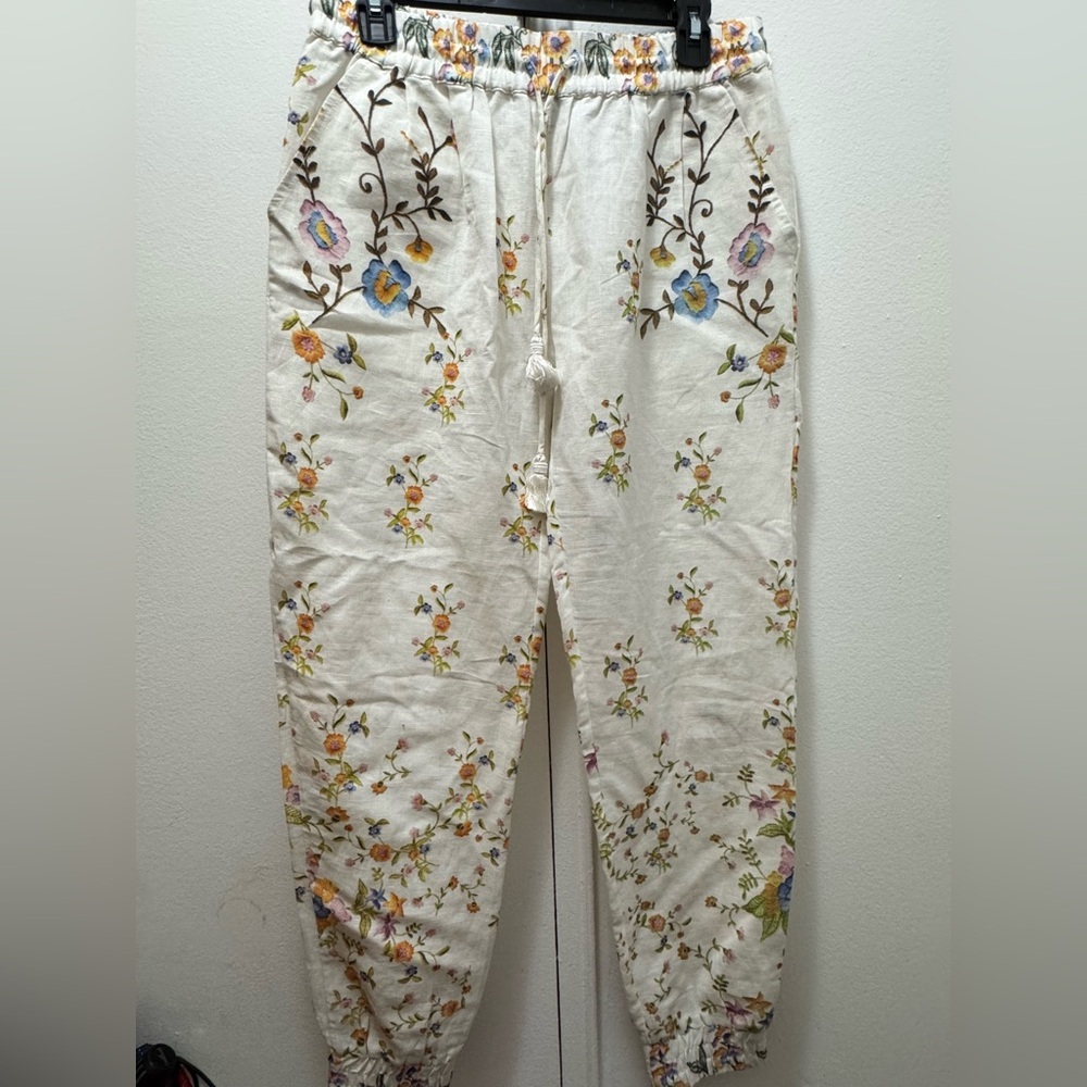 HEMANT & NANDITA White Pants with Floral Embroidery NWOT Medium - Picture 2 of 6